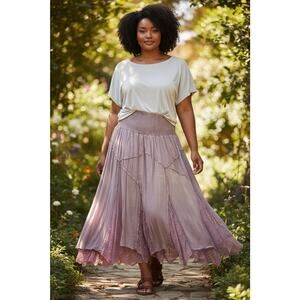 NWOT Oli & Hali Layered Lace Patchwork Smoked Maxi Skirt Lilac Size XL Lagenlook